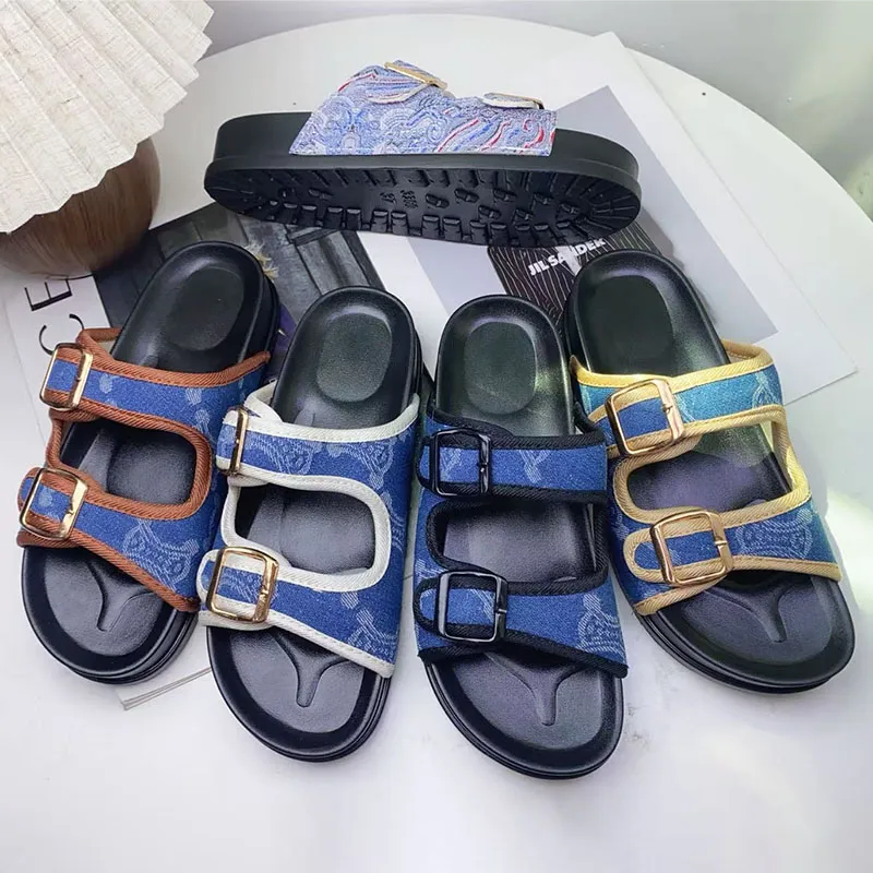 Double-Buckle Denim-Style Birkenstock Sandals