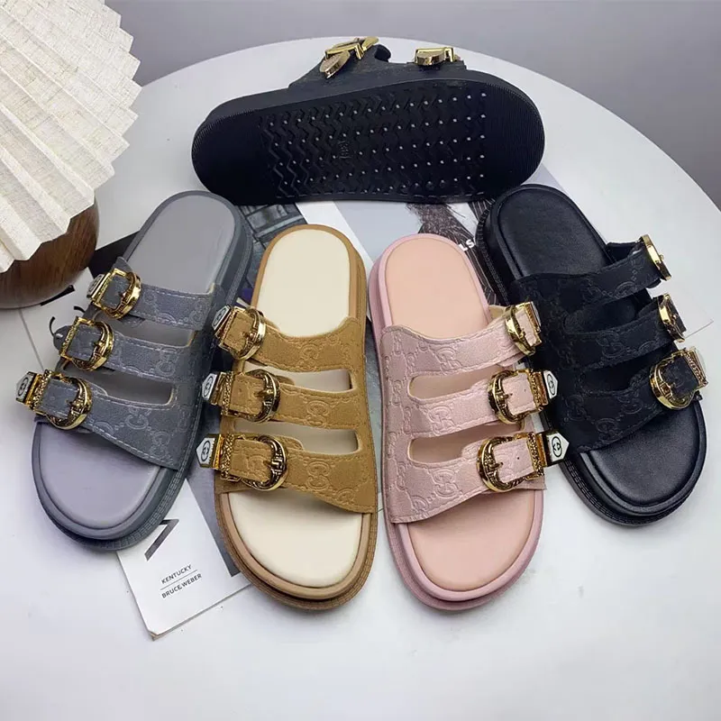 Double-Row Buckle Embossed Gold-Buckle Slides